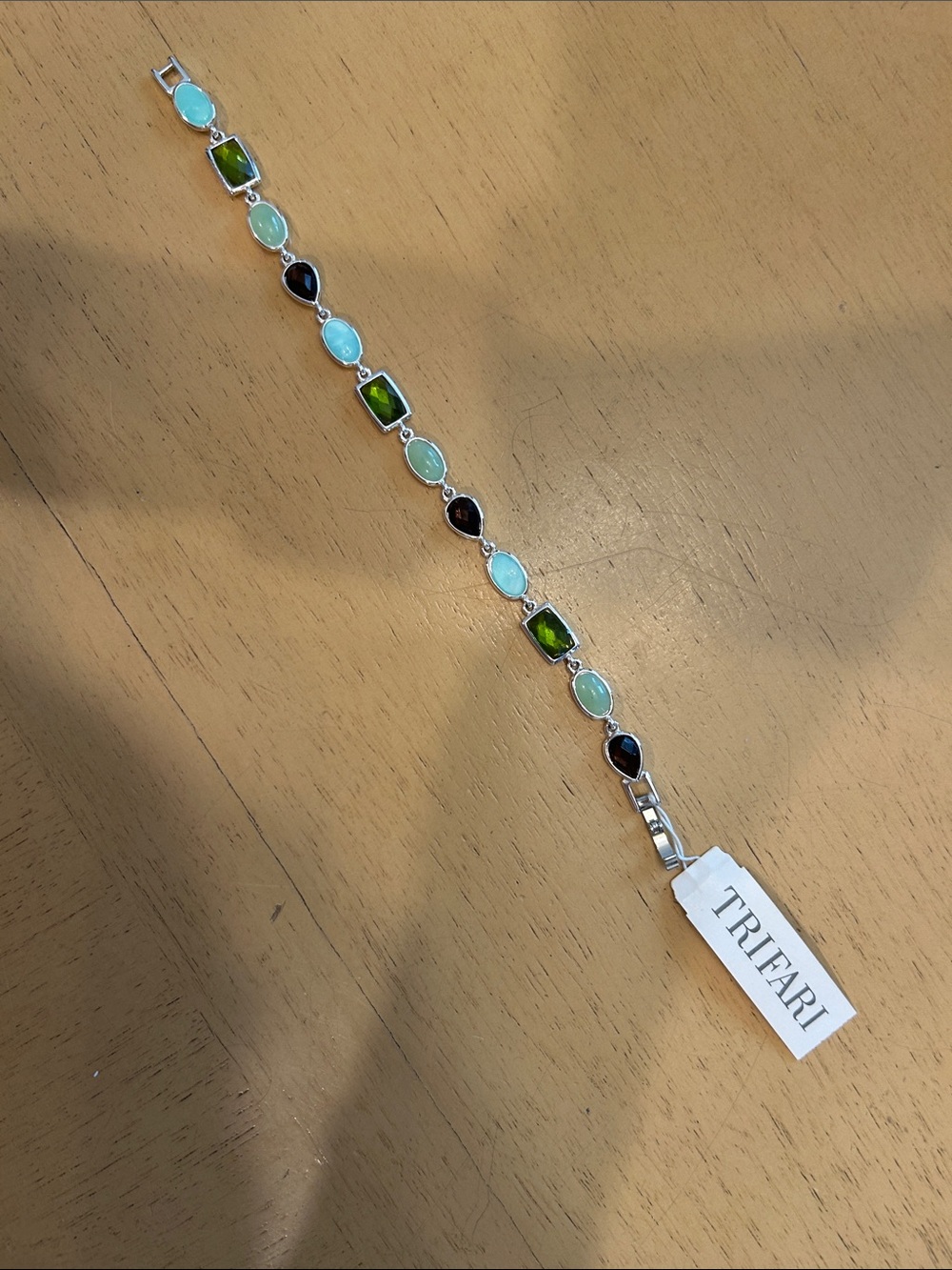 Trifari Silver Bracelet with Green, Aqua and Dark Purple Stones